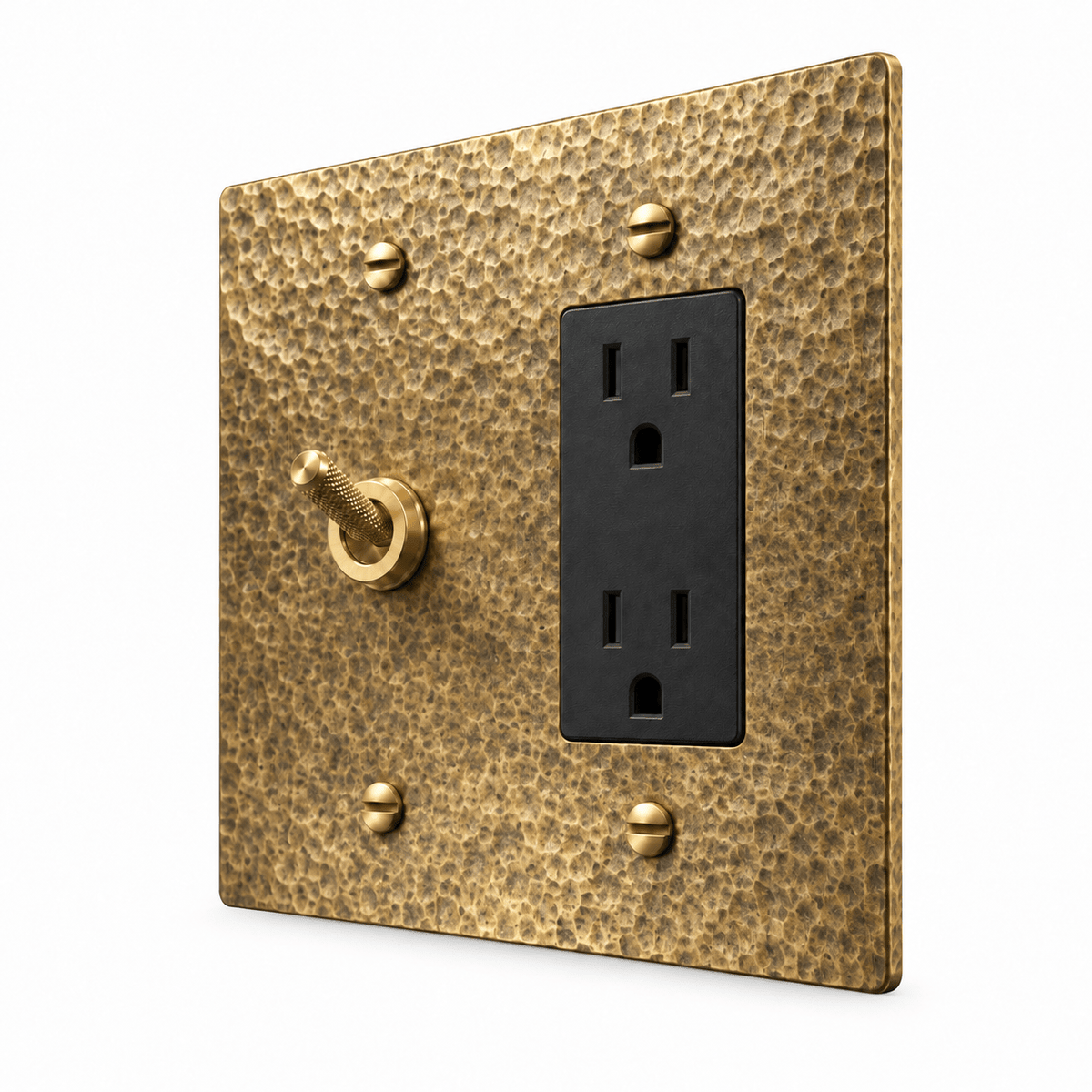 PlatePrestige 2-Gang Knurled Toggle Light Switch & Outlet in Hammered Antique Brass