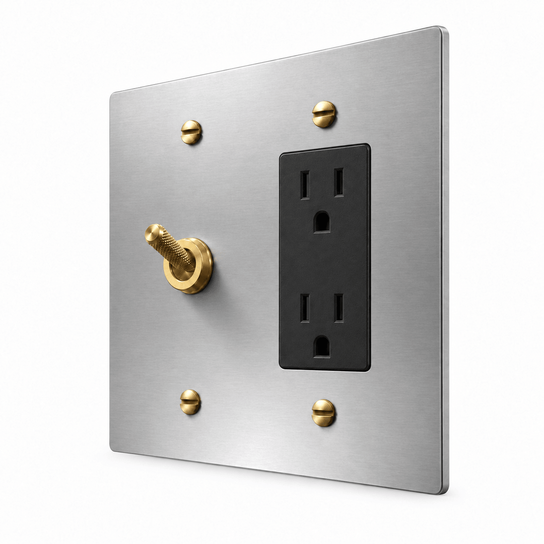 PlatePrestige 2-Gang Knurled Toggle Light Switch & Outlet in Stainless Steel / Brass