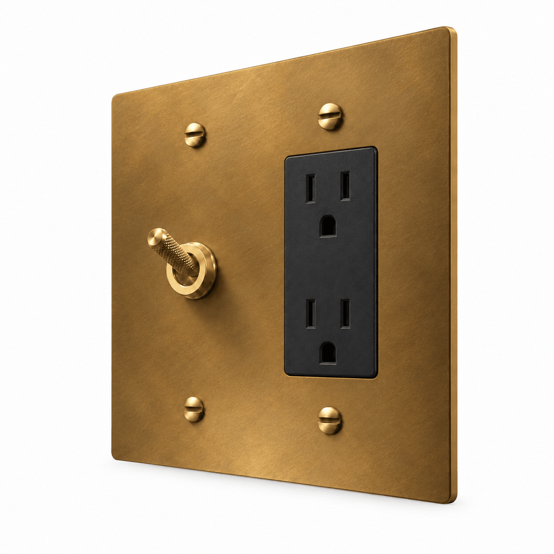 PlatePrestige 2-Gang Knurled Toggle Light Switch & Outlet in Unlacquered Aged brass