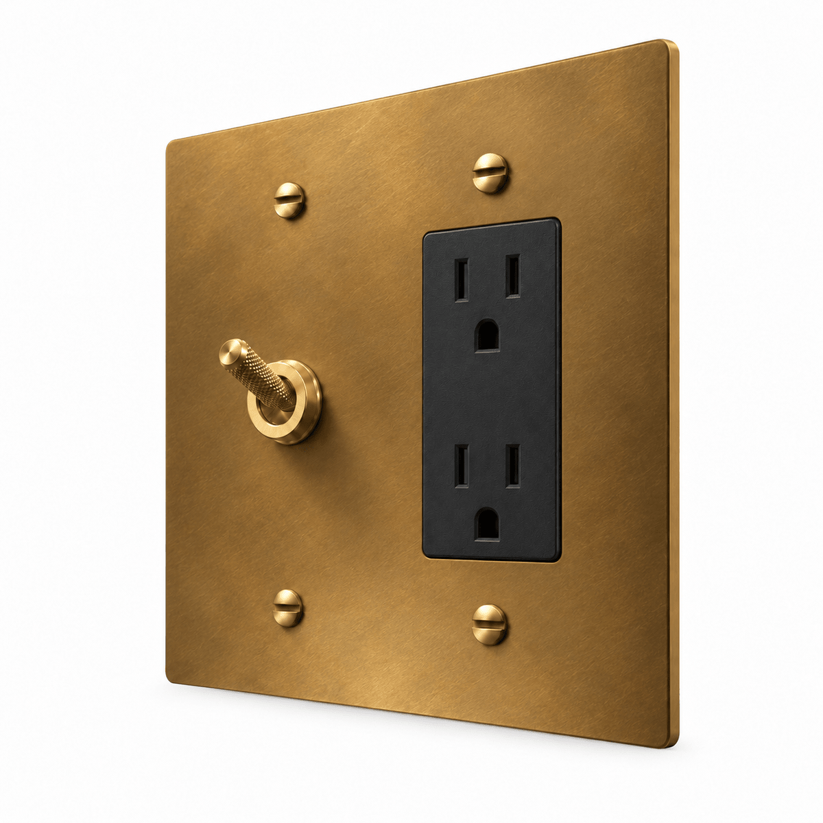 PlatePrestige 2-Gang Knurled Toggle Light Switch & Outlet in Unlacquered Aged brass