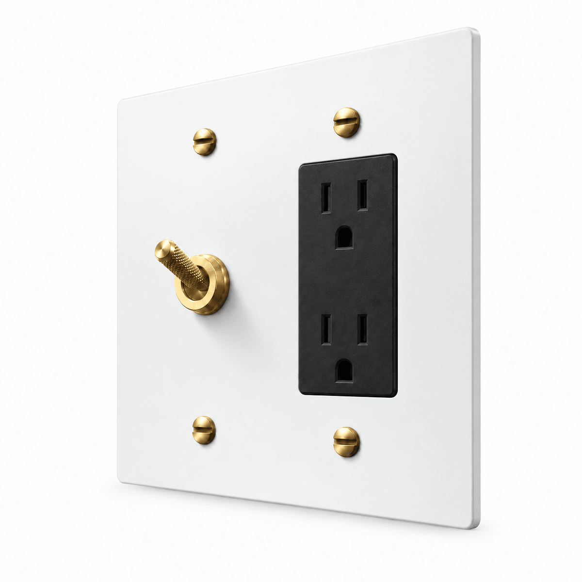 PlatePrestige 2-Gang Knurled Toggle Light Switch & Outlet in White / Brass