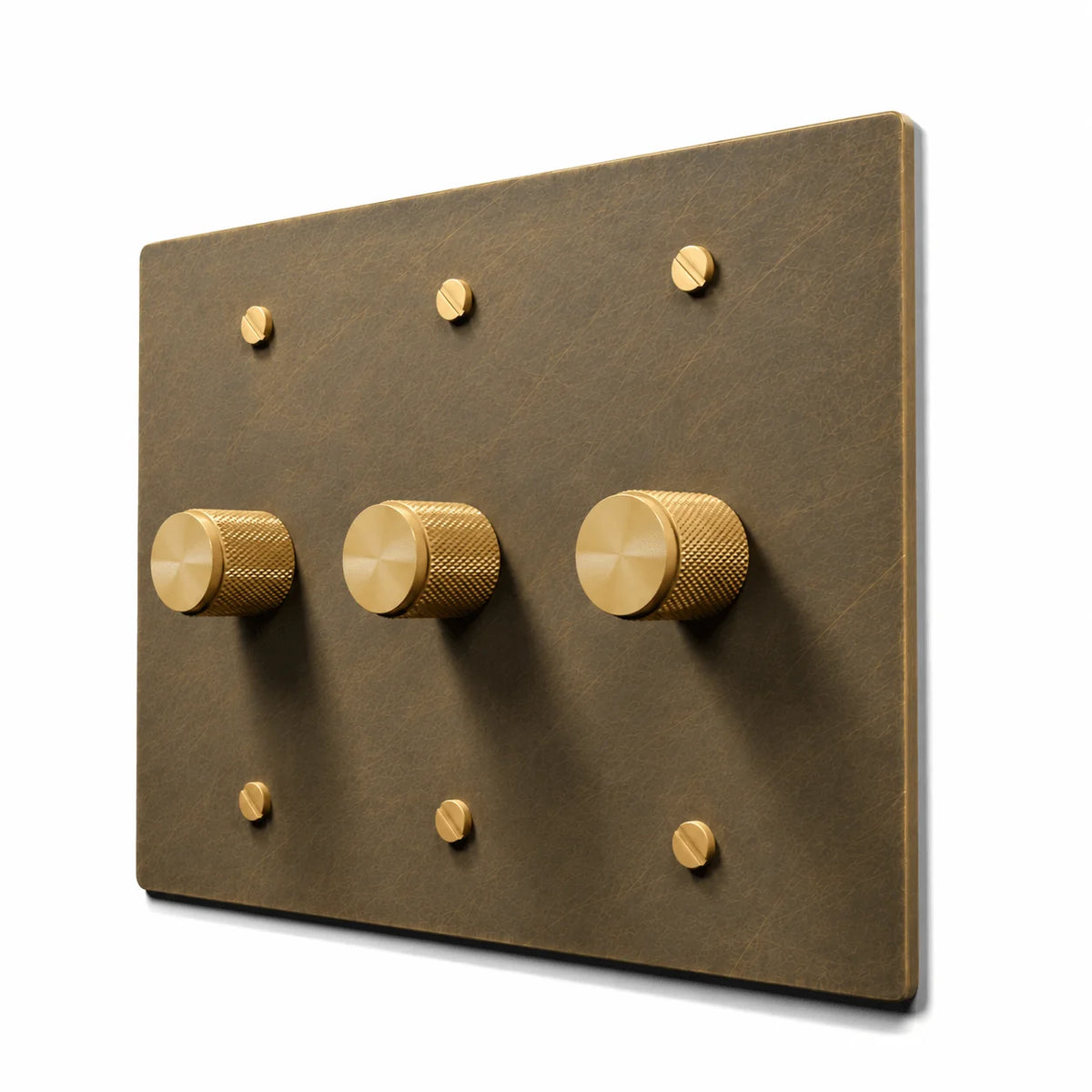 3 gang aged brass rotary dimmer - hand brushed panel