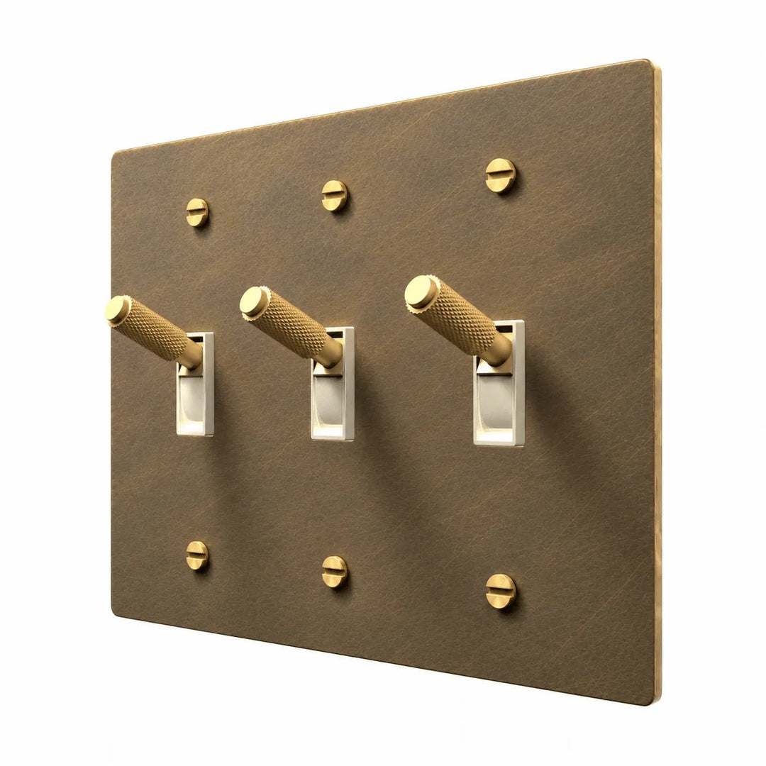 hand brushed 3 gang wall plate with 3 knurled toggles