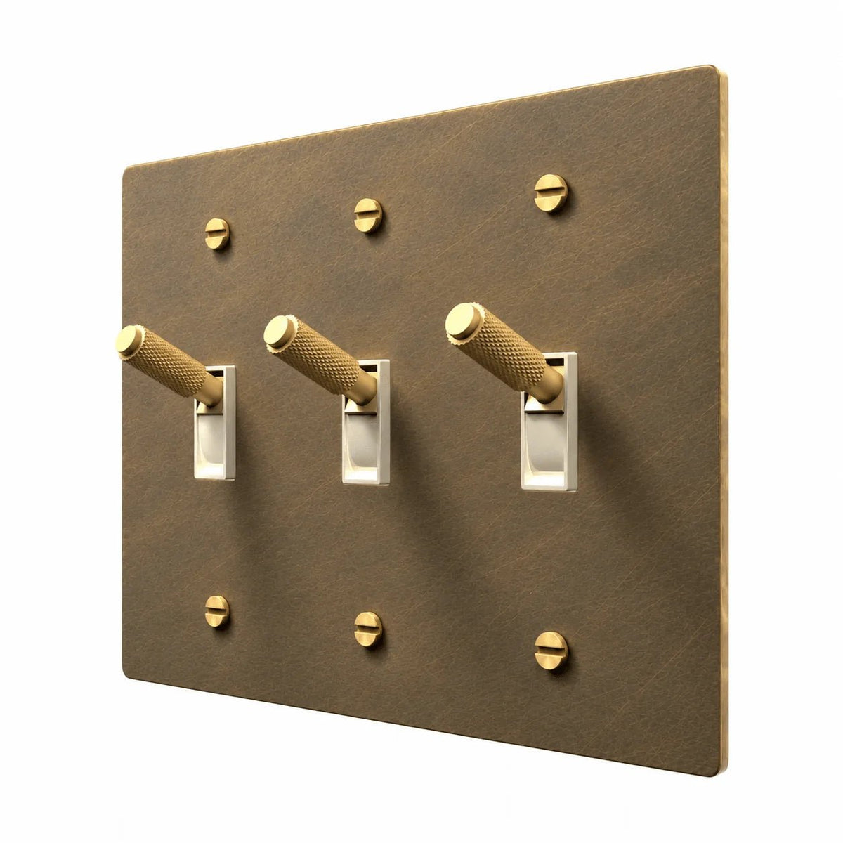 hand brushed 3 gang wall plate with 3 knurled toggles
