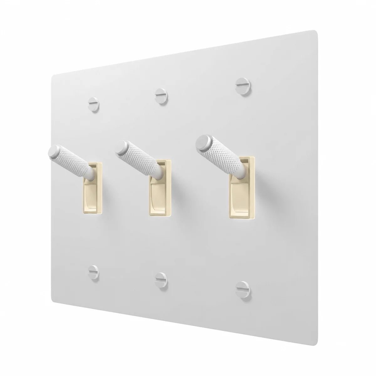 PlatePrestige Brass Toggle Switch 3-Gang in All-White with ivory toggle frames, angled view