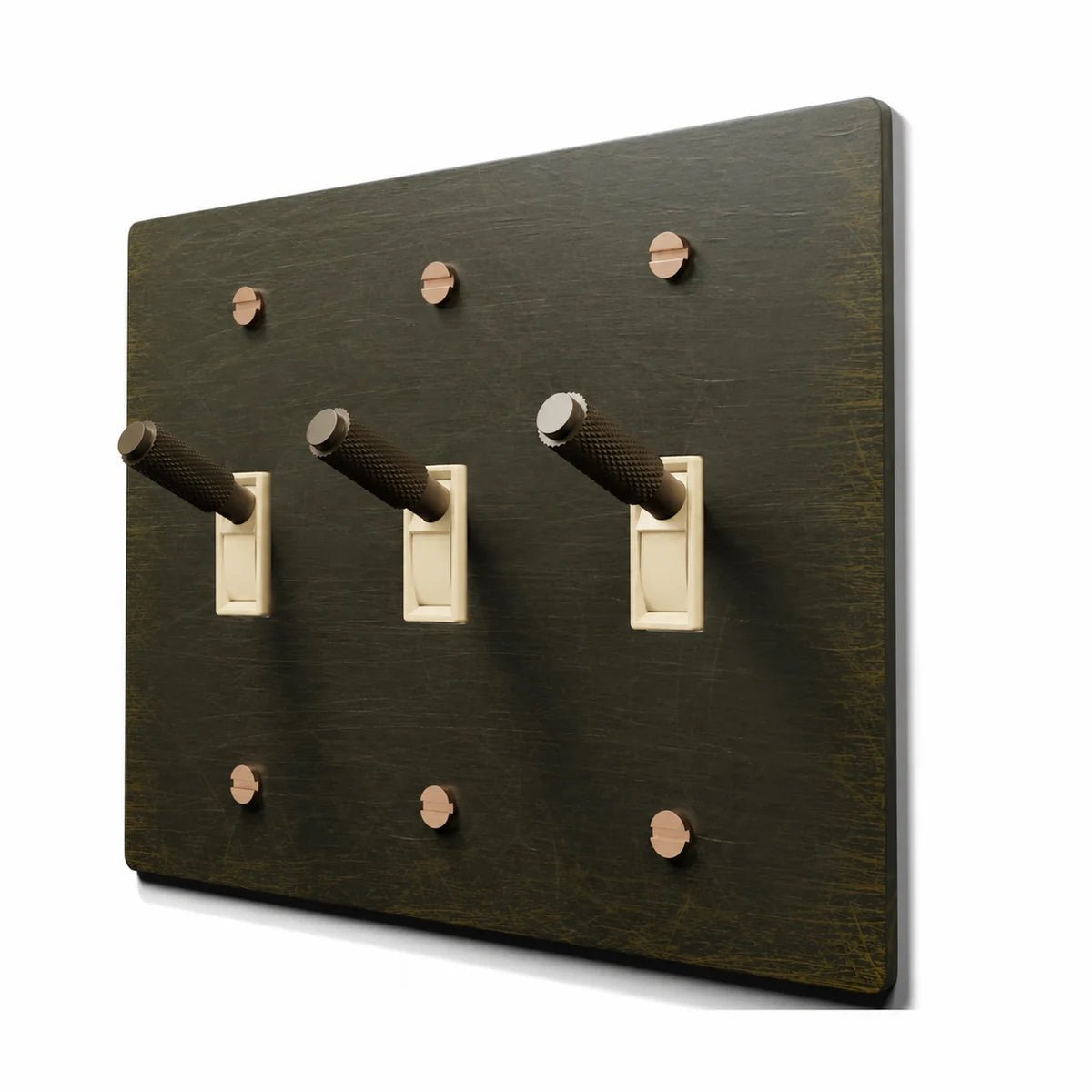 PlatePrestige Brass Toggle Switch 3-Gang in Antique Brass with ivory toggle frames, angled view
