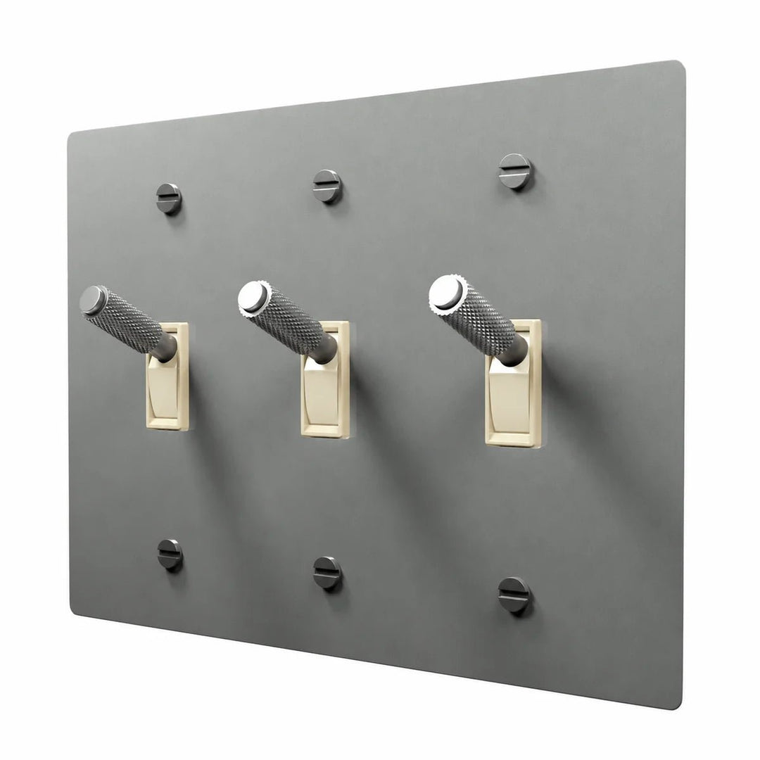 PlatePrestige Brass Toggle Switch 3-Gang in Stainless Steel with ivory toggle frames, angled view