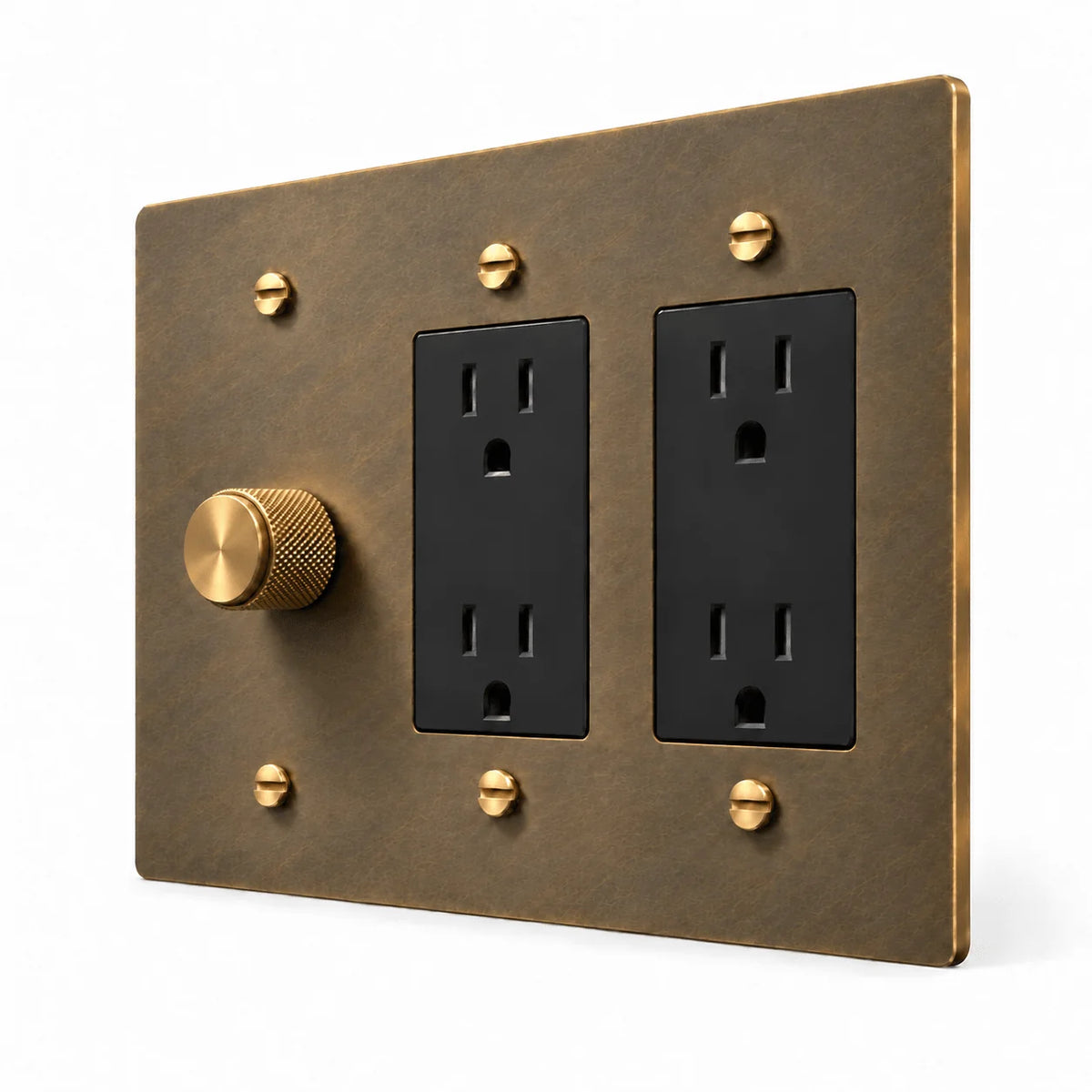 Aged Brass 3-Gang Dimmer & 2 Duplex Outlets with brass controls and matching mounting screws