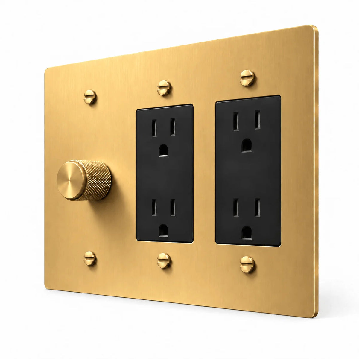 Brass 3-Gang Dimmer & 2 Duplex Outlets with brass controls and matching mounting screws