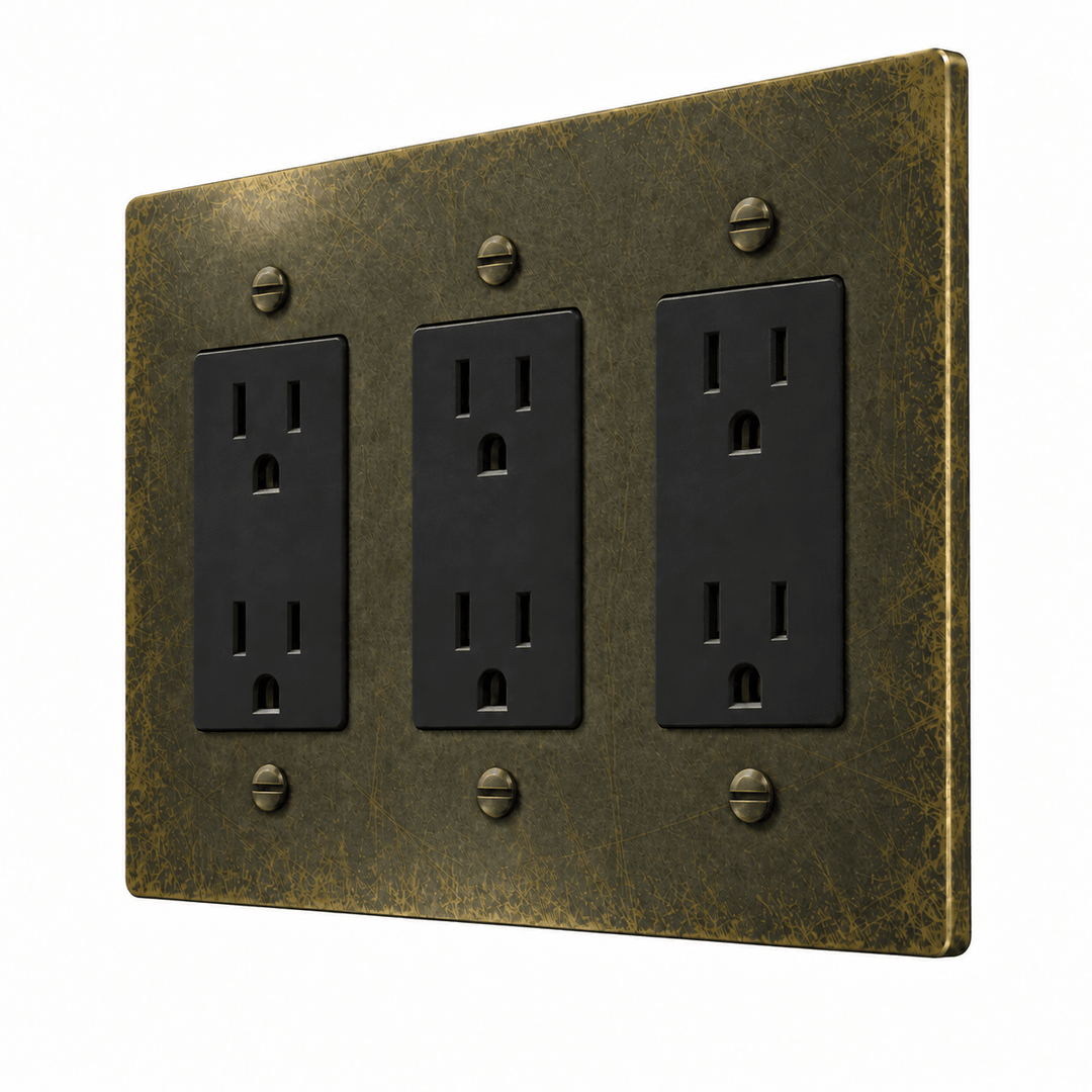 PlatePrestige 3-gang duplex outlet set in antique bronze with matching bronze screws and six black 15A receptacles
