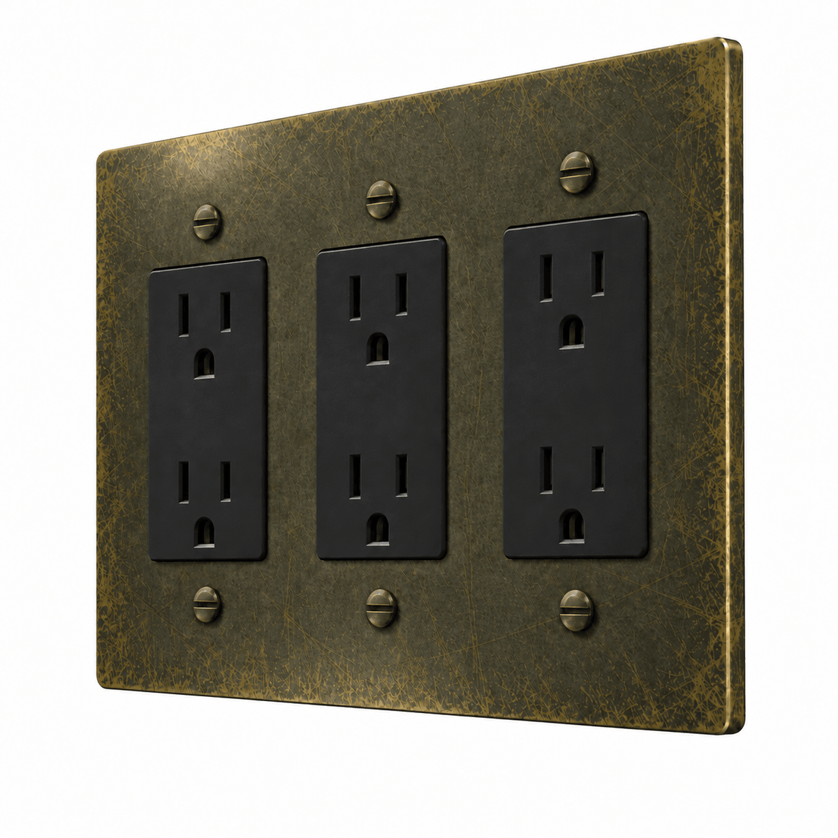 PlatePrestige 3-gang duplex outlet set in antique bronze with matching bronze screws and six black 15A receptacles