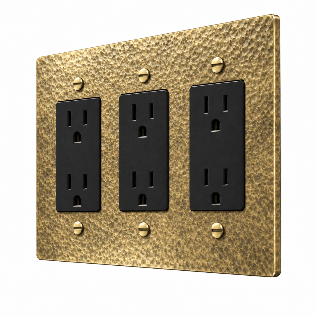 PlatePrestige 3-Gang Duplex Electrical Outlet Set in Hammered Antique Brass