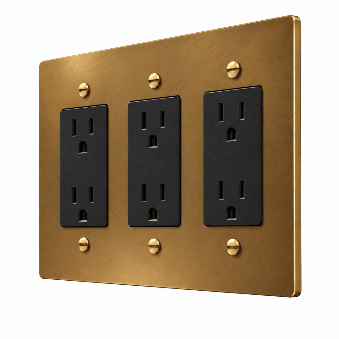 PlatePrestige 3-Gang Duplex Electrical Outlet Set in Unlacquered Aged brass