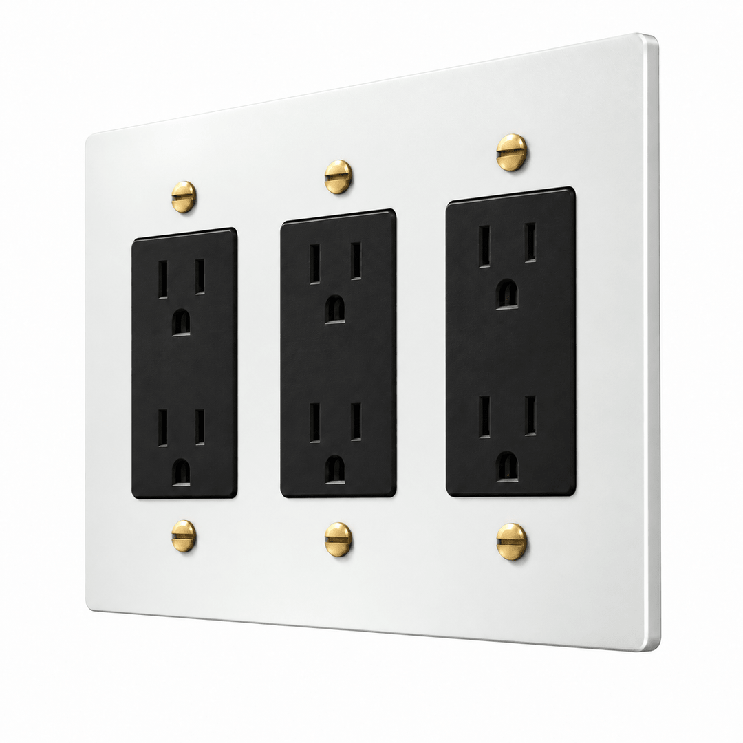 PlatePrestige 3-Gang Duplex Electrical Outlet Set in White / Brass
