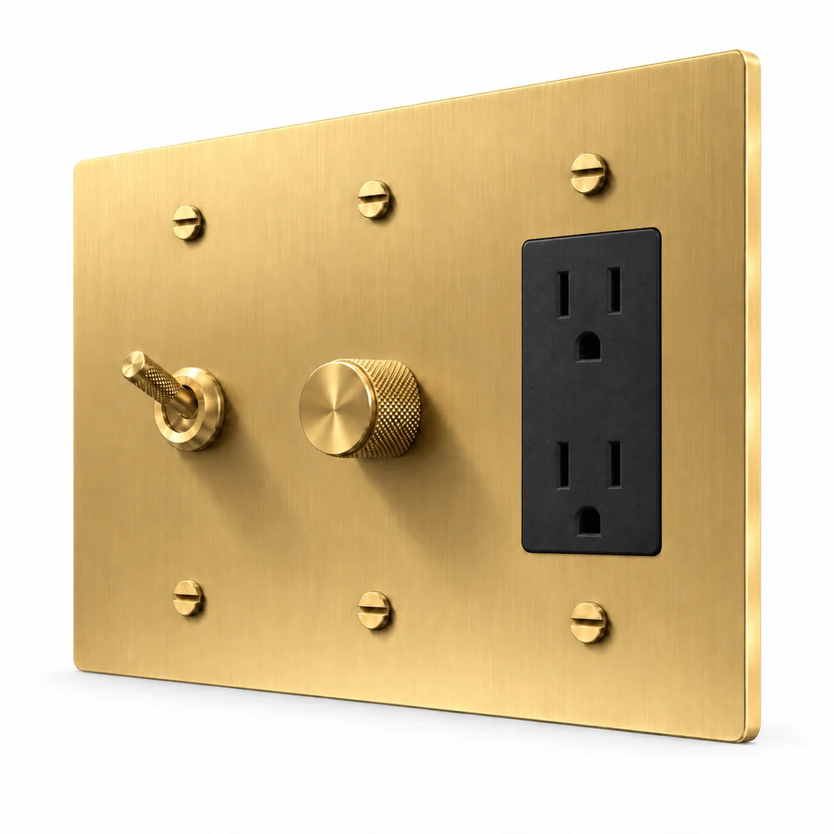 PlatePrestige 3-Gang Knurled Toggle, Dimmer & Outlet in Brass