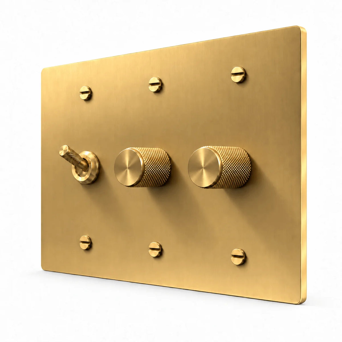Brass 3-Gang Knurled Toggle Light Switch & 2 Dimmers with brass controls and matching mounting screws
