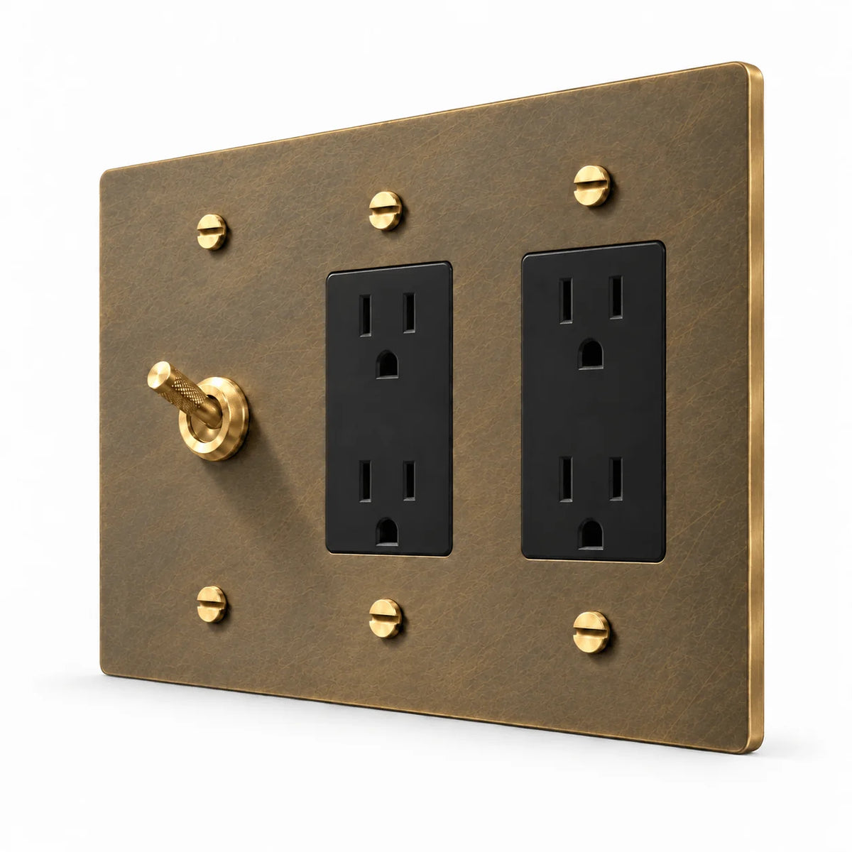 PlatePrestige 3-Gang Knurled Toggle Light Switch & 2 Outlets in Aged Brass