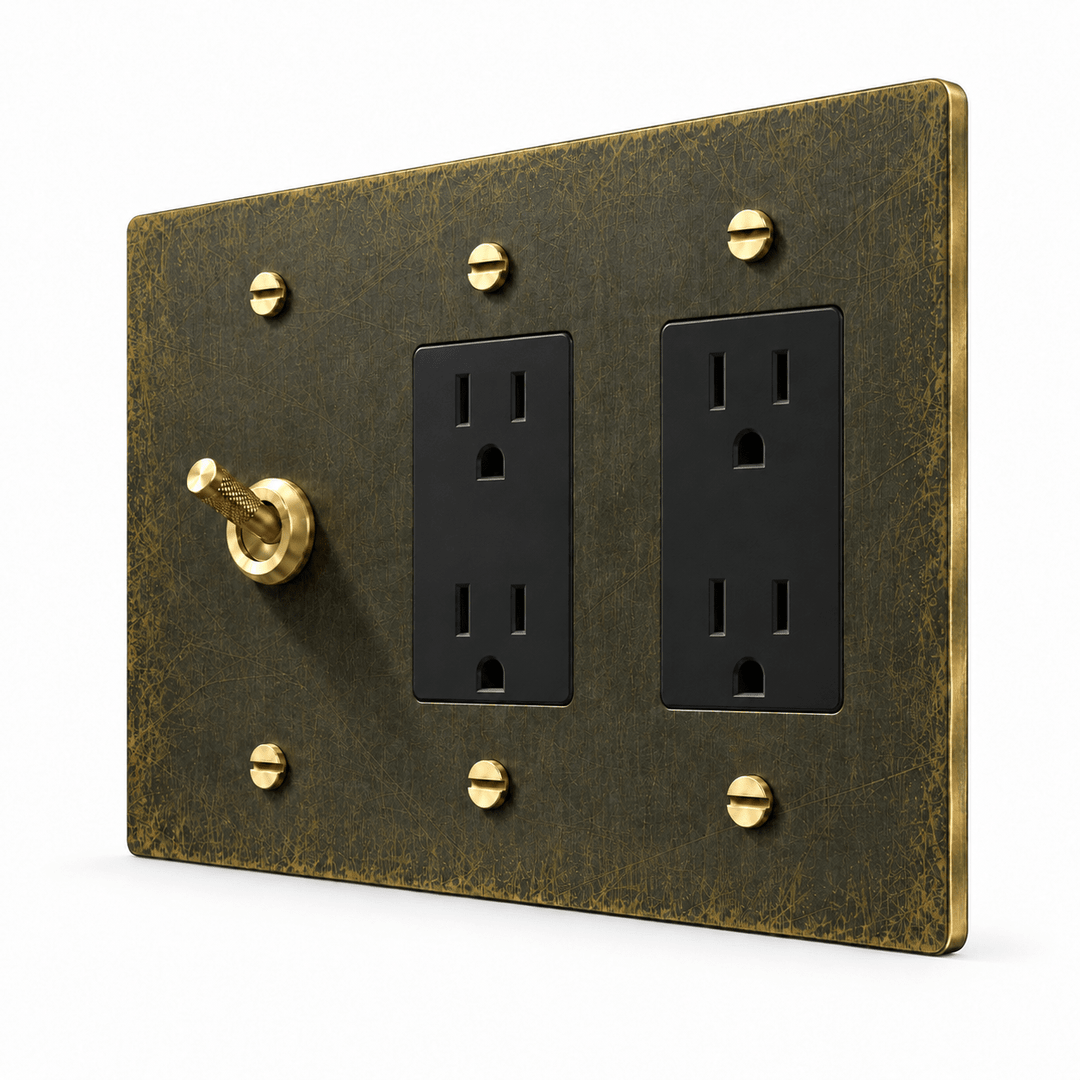 PlatePrestige 3-Gang Knurled Toggle Light Switch & 2 Outlets in Antique Brass
