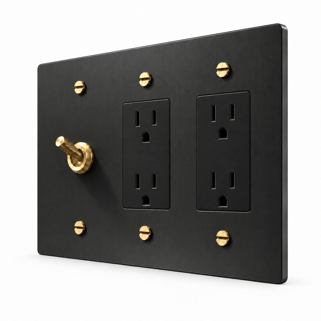 PlatePrestige 3-Gang Knurled Toggle Light Switch & 2 Outlets in Black / Brass