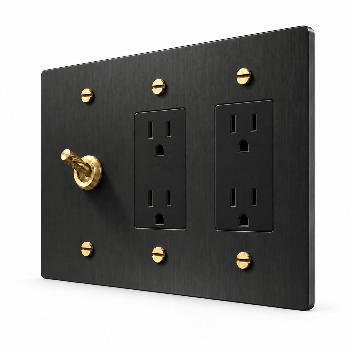PlatePrestige 3-Gang Knurled Toggle Light Switch & 2 Outlets in Black / Brass