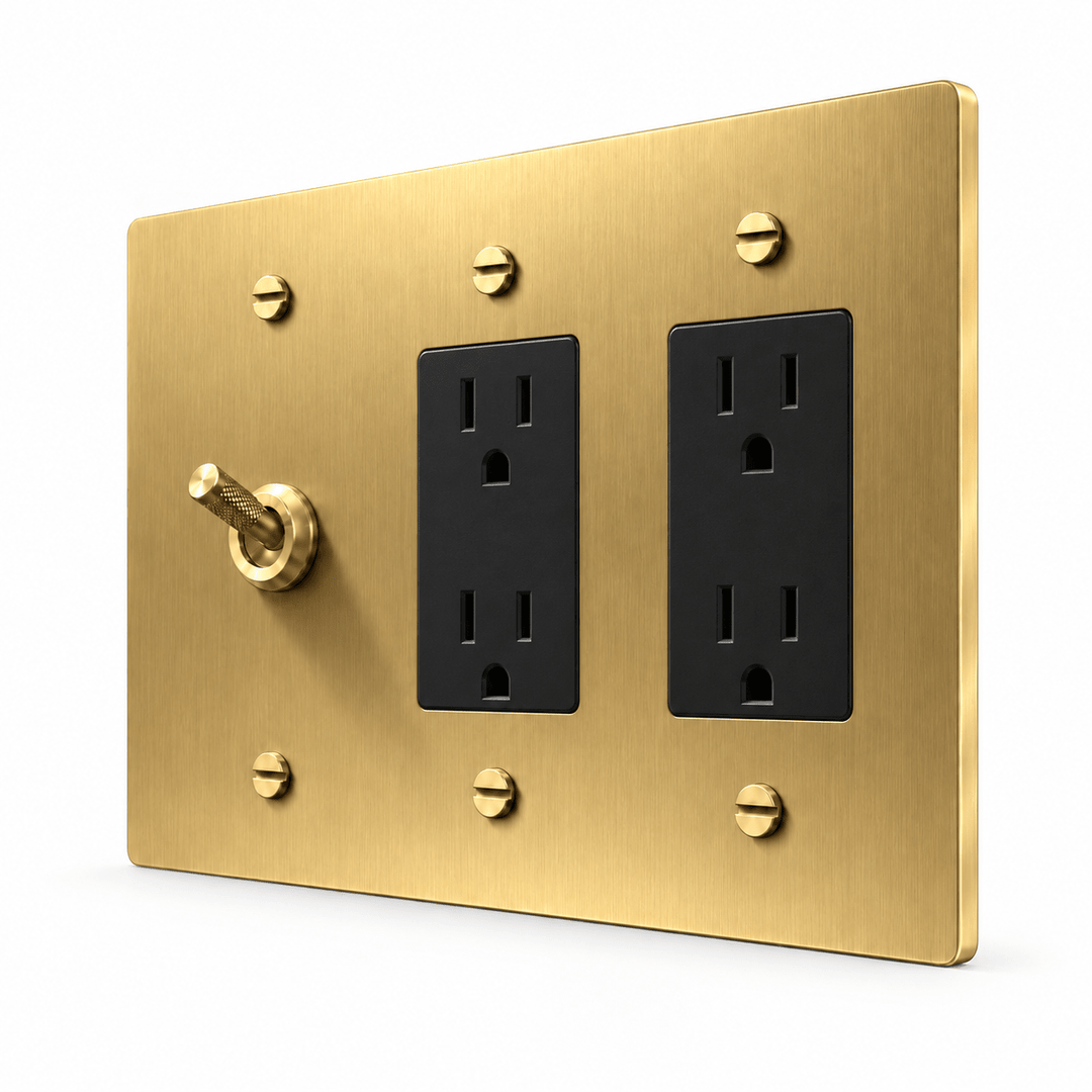 PlatePrestige 3-Gang Knurled Toggle Light Switch & 2 Outlets in Brass