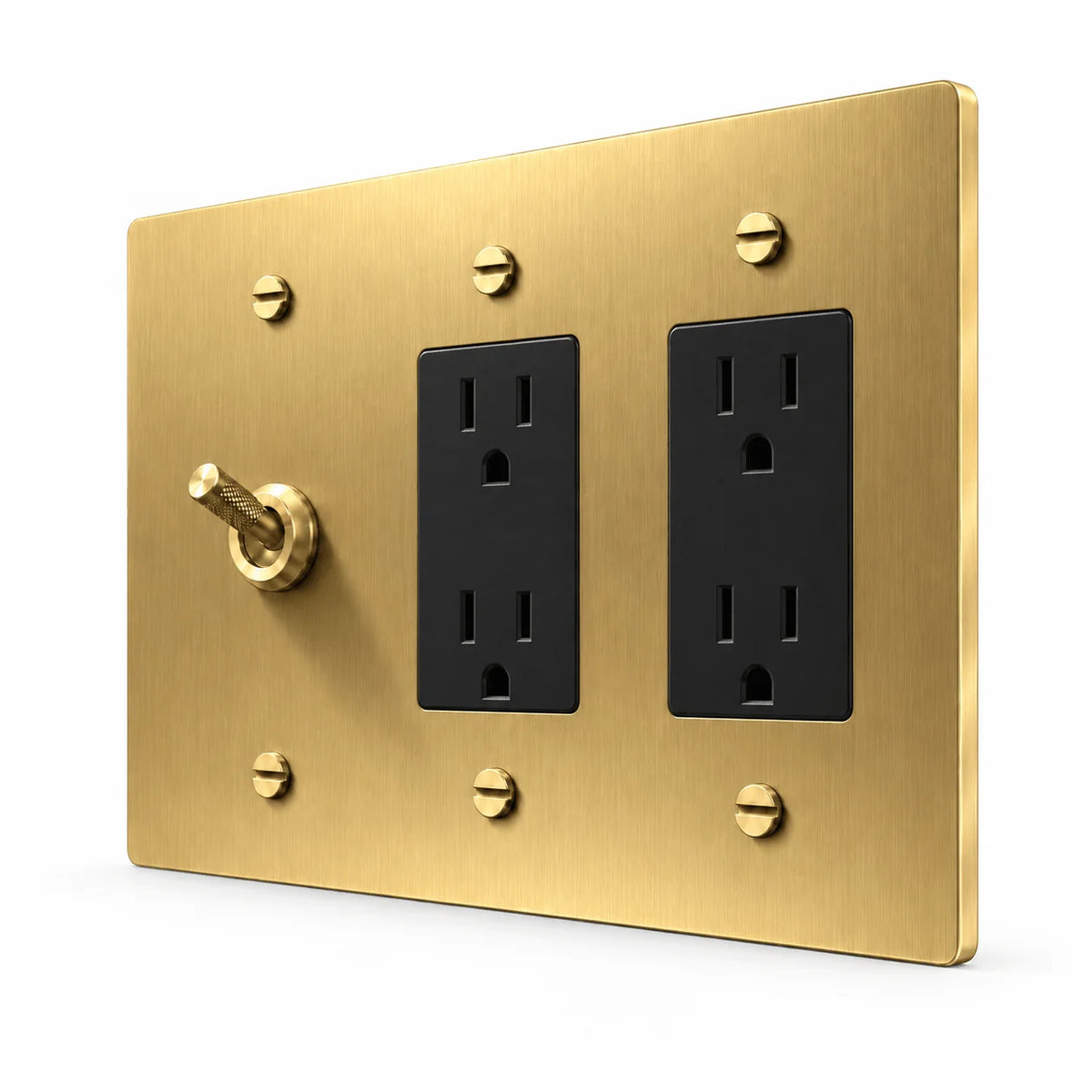 PlatePrestige 3-Gang Knurled Toggle Light Switch & 2 Outlets in Brass