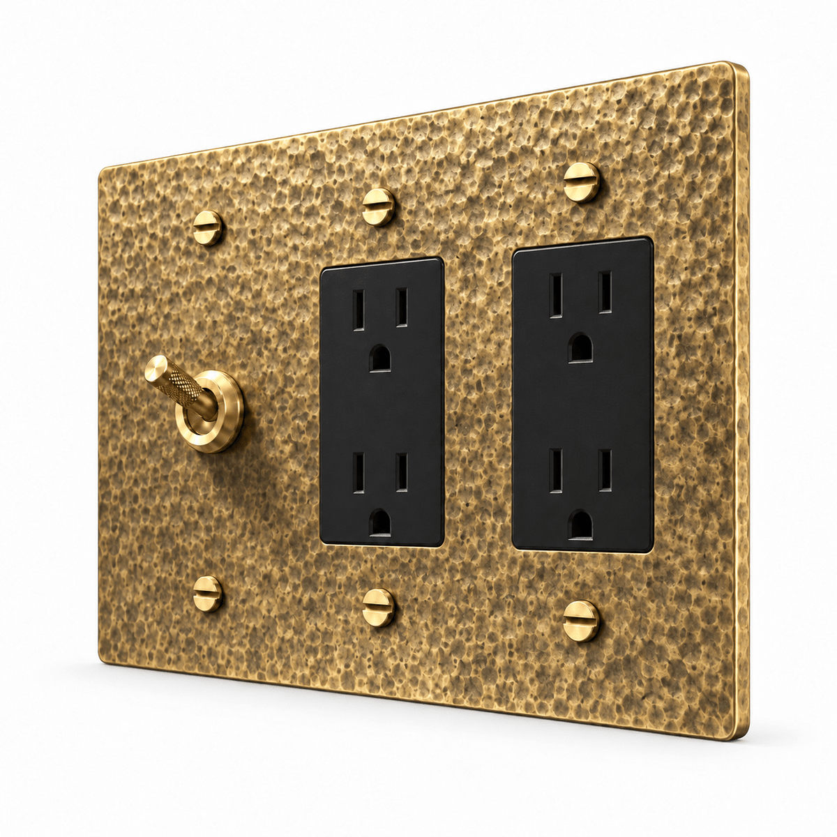 PlatePrestige 3-Gang Knurled Toggle Light Switch & 2 Outlets in Hammered Antique Brass