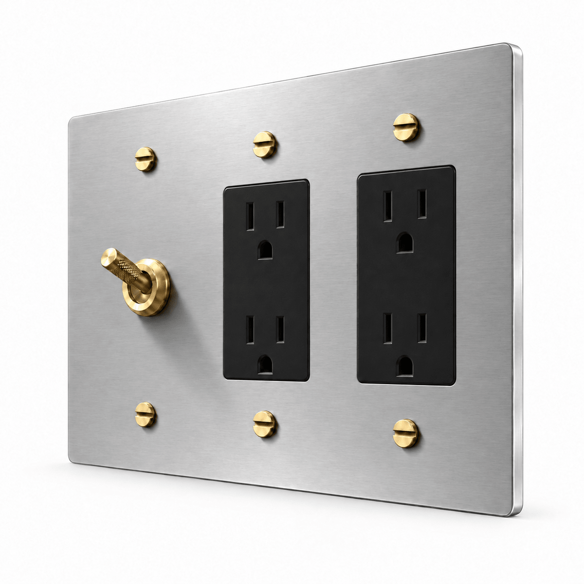 PlatePrestige 3-Gang Knurled Toggle Light Switch & 2 Outlets in Stainless Steel / Brass