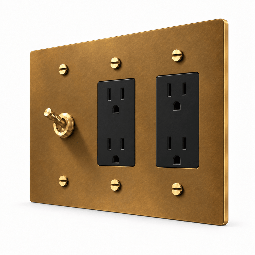 PlatePrestige 3-Gang Knurled Toggle Light Switch & 2 Outlets in Unlacquered Aged brass