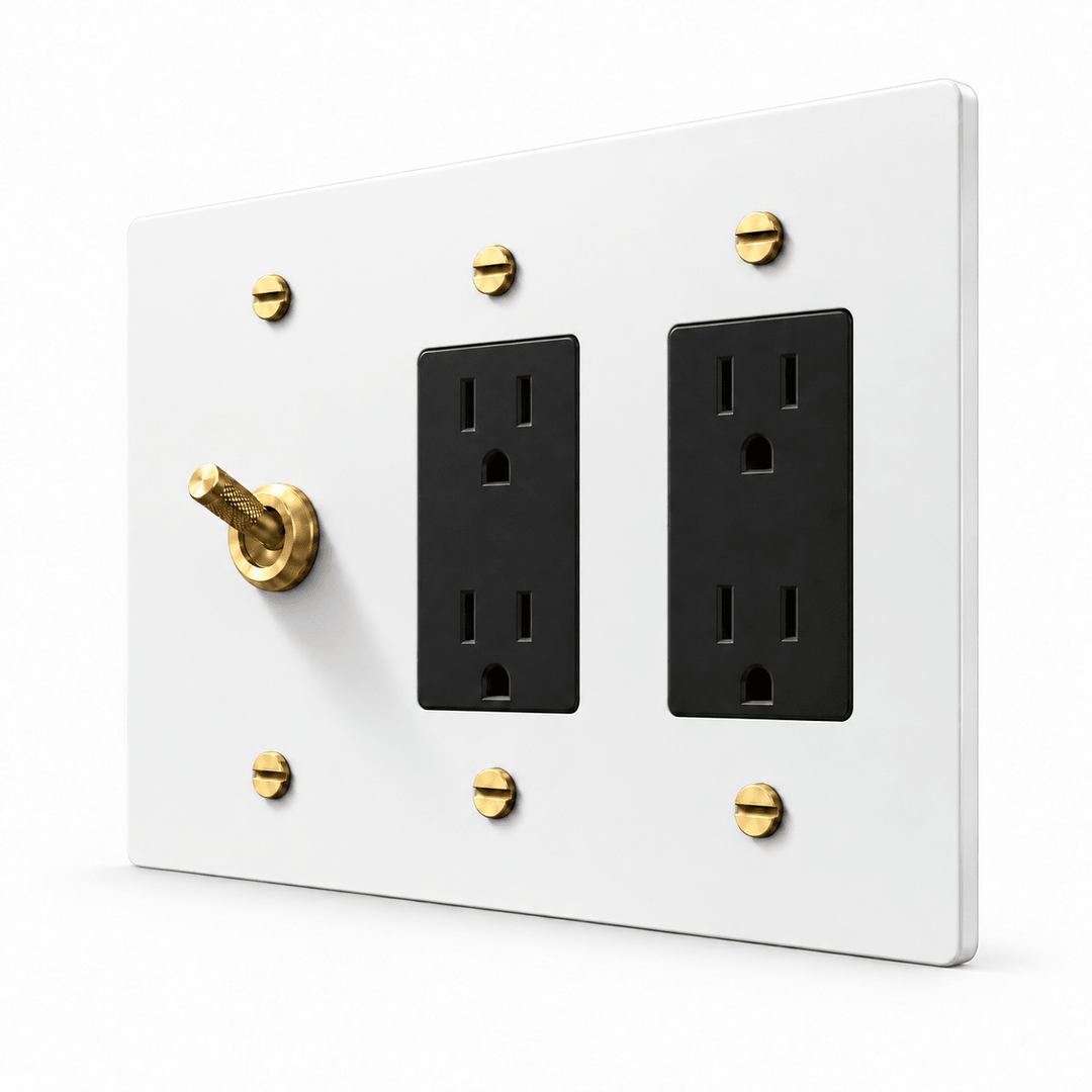 PlatePrestige 3-Gang Knurled Toggle Light Switch & 2 Outlets in White / Brass