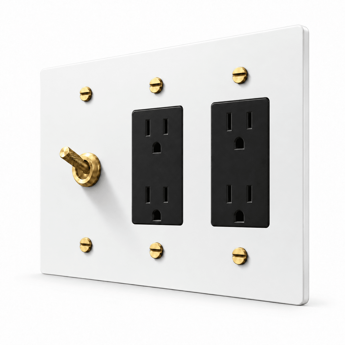 PlatePrestige 3-Gang Knurled Toggle Light Switch & 2 Outlets in White / Brass