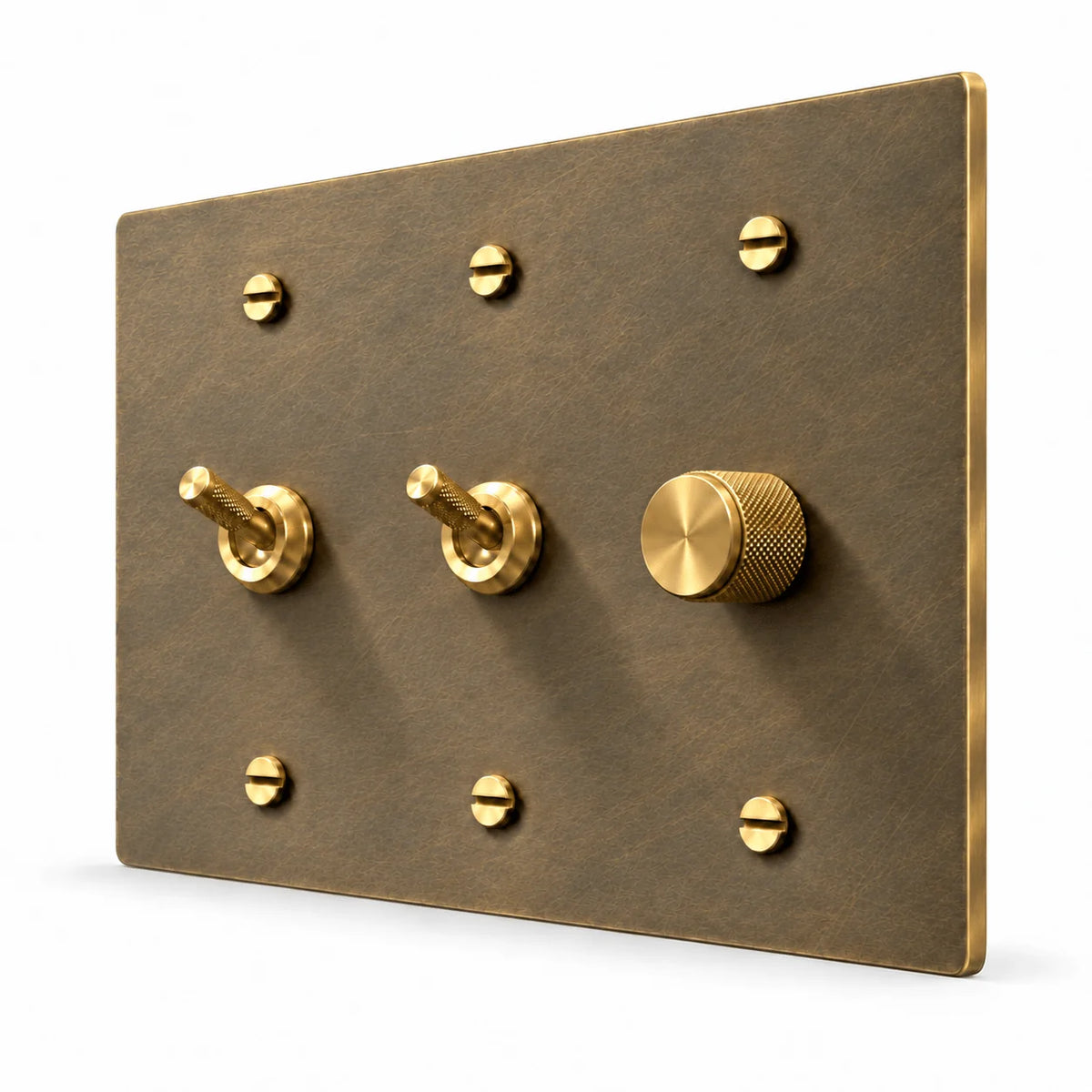 PlatePrestige 3-Gang 2 Knurled Toggle Light Switches & Dimmer in Aged Brass