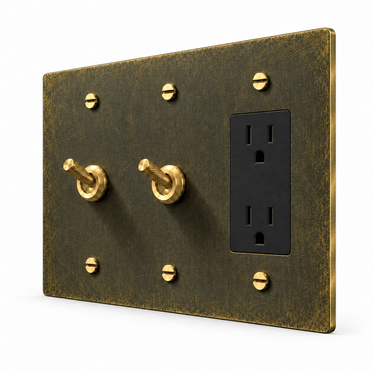 PlatePrestige 3-Gang 2 Knurled Toggle Light Switches & Outlet in Antique Brass