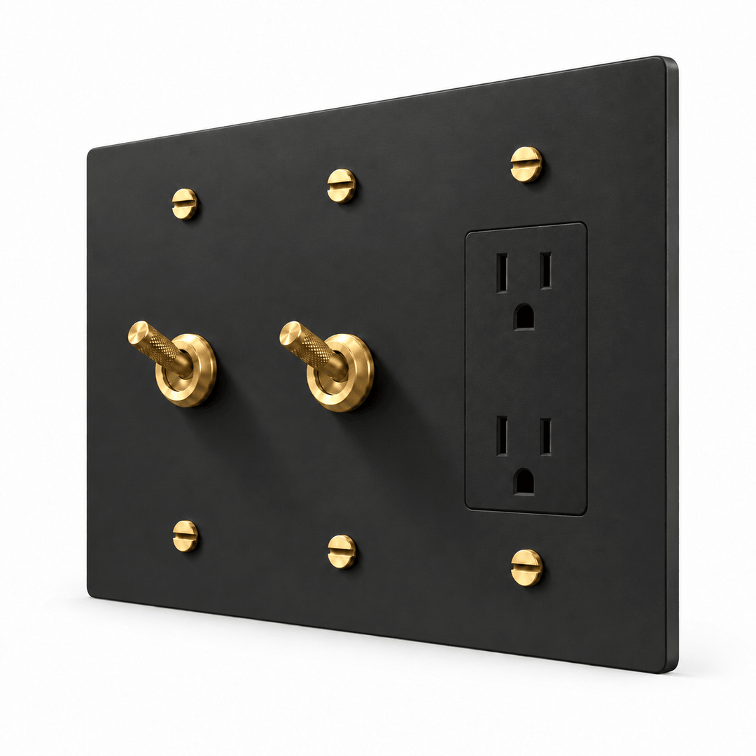 PlatePrestige 3-Gang 2 Knurled Toggle Light Switches & Outlet in Black / Brass