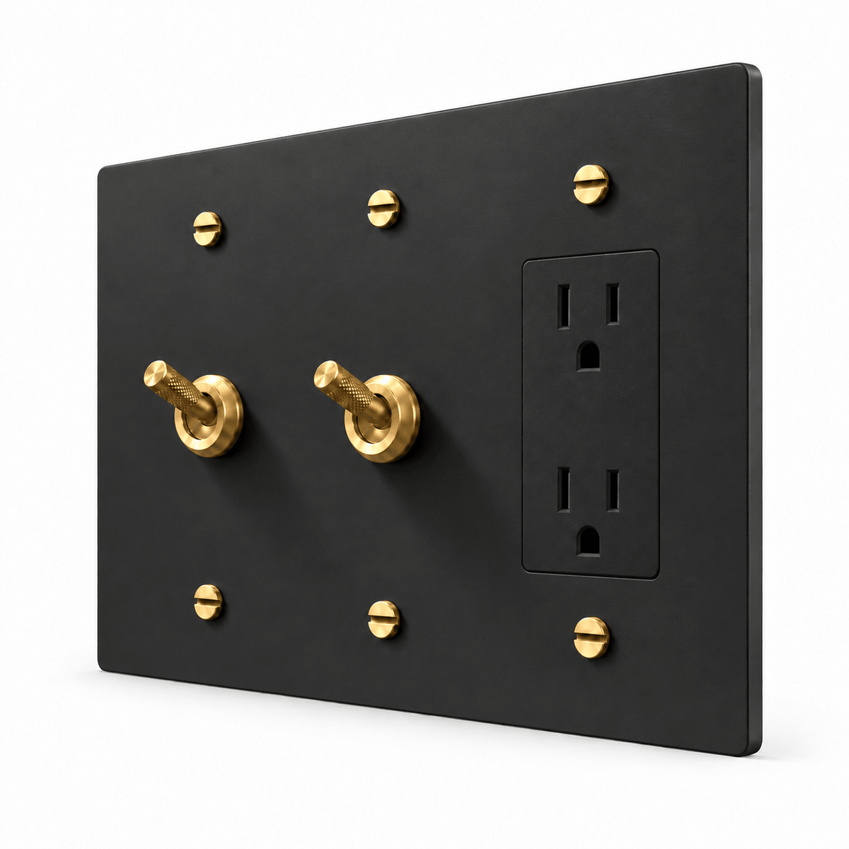PlatePrestige 3-Gang 2 Knurled Toggle Light Switches & Outlet in Black / Brass