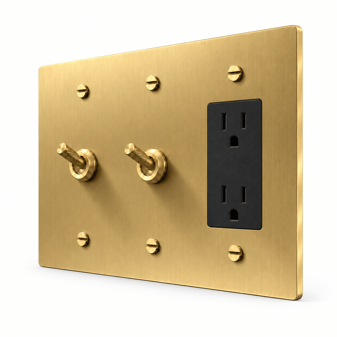 PlatePrestige 3-Gang 2 Knurled Toggle Light Switches & Outlet in Brass