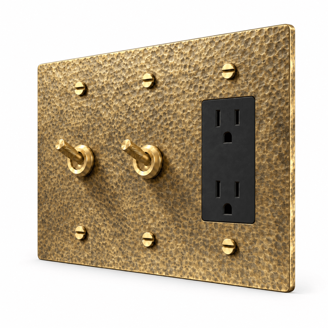 PlatePrestige 3-Gang 2 Knurled Toggle Light Switches & Outlet in Hammered Antique Brass