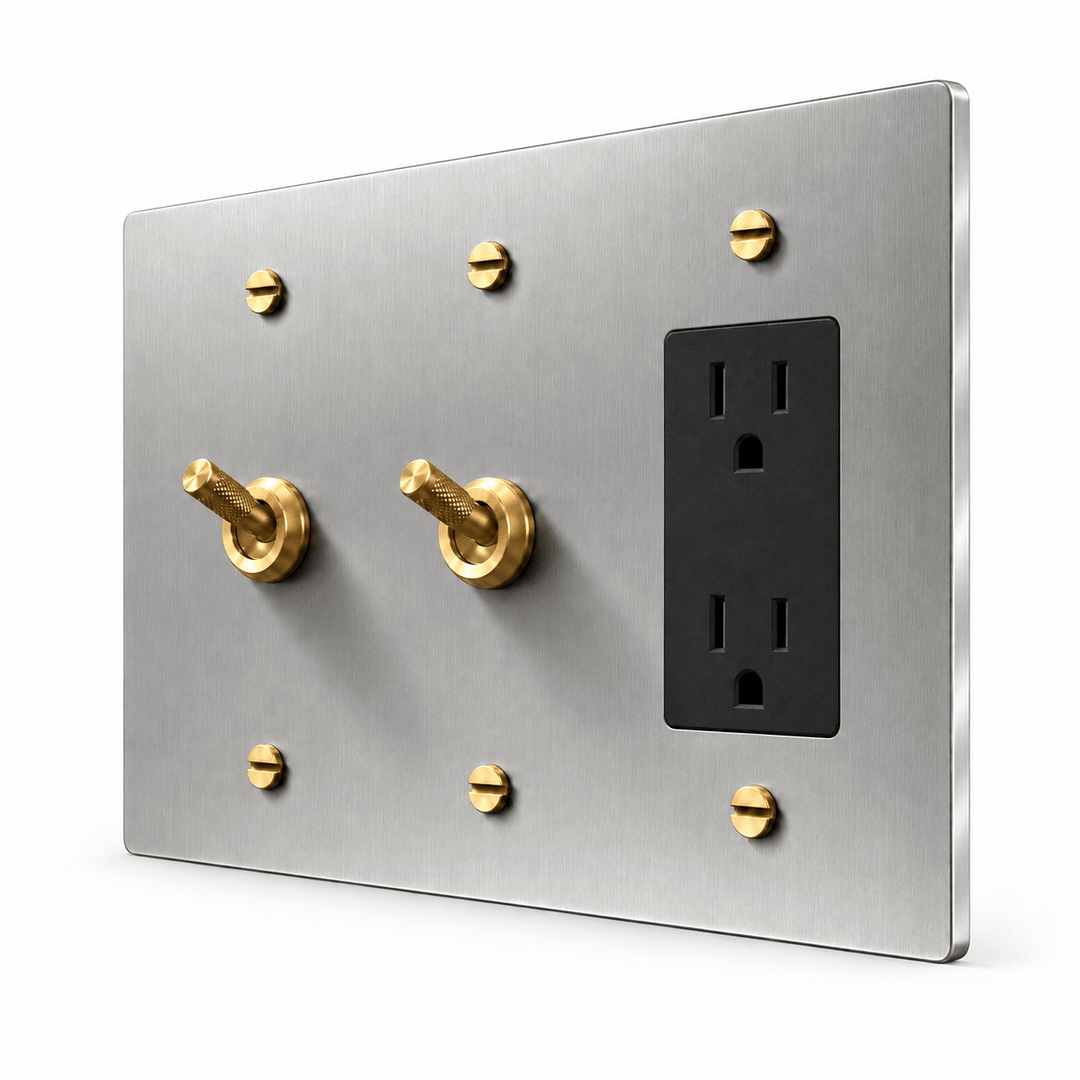 PlatePrestige 3-Gang 2 Knurled Toggle Light Switches & Outlet in Stainless Steel / Brass