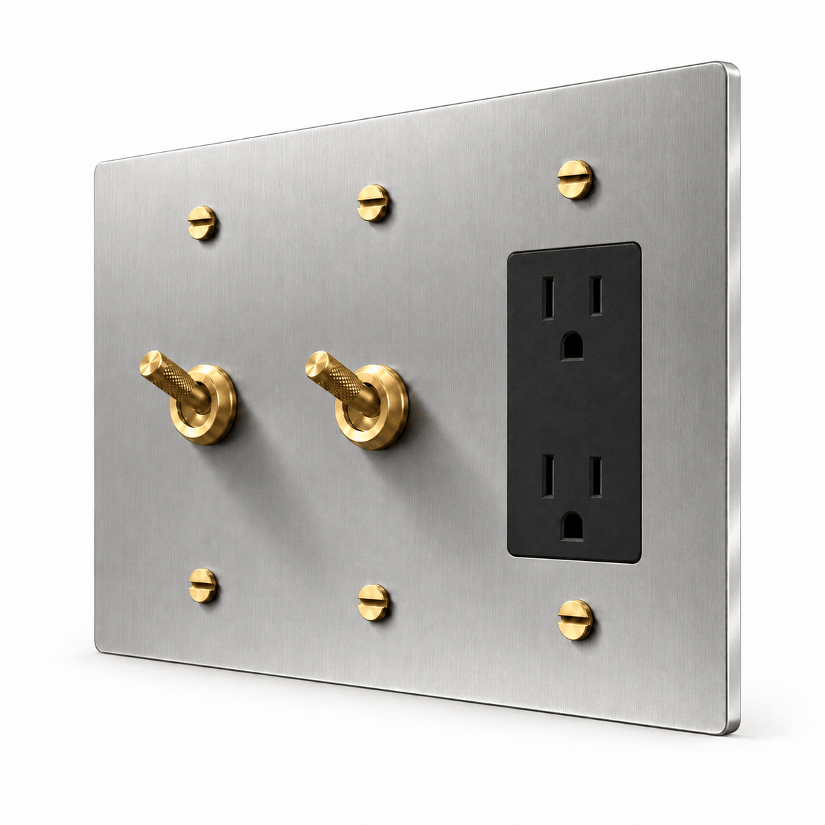 PlatePrestige 3-Gang 2 Knurled Toggle Light Switches & Outlet in Stainless Steel / Brass