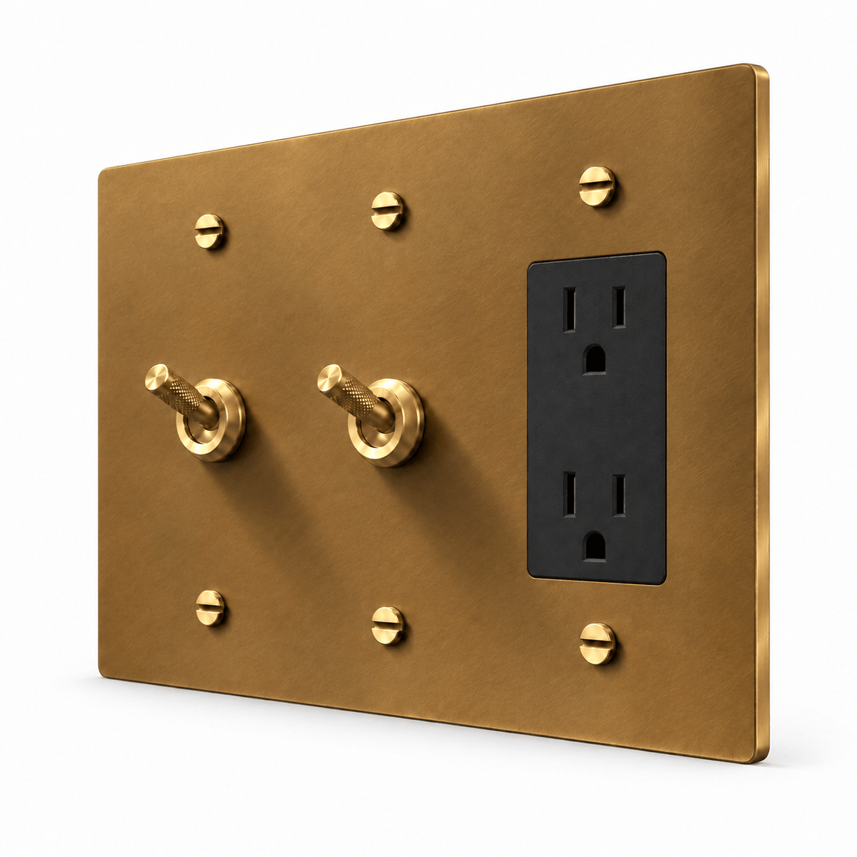 PlatePrestige 3-Gang 2 Knurled Toggle Light Switches & Outlet in Unlacquered Aged brass