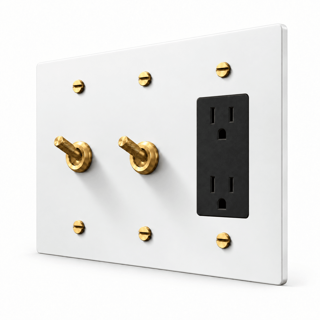 PlatePrestige 3-Gang 2 Knurled Toggle Light Switches & Outlet in White / Brass