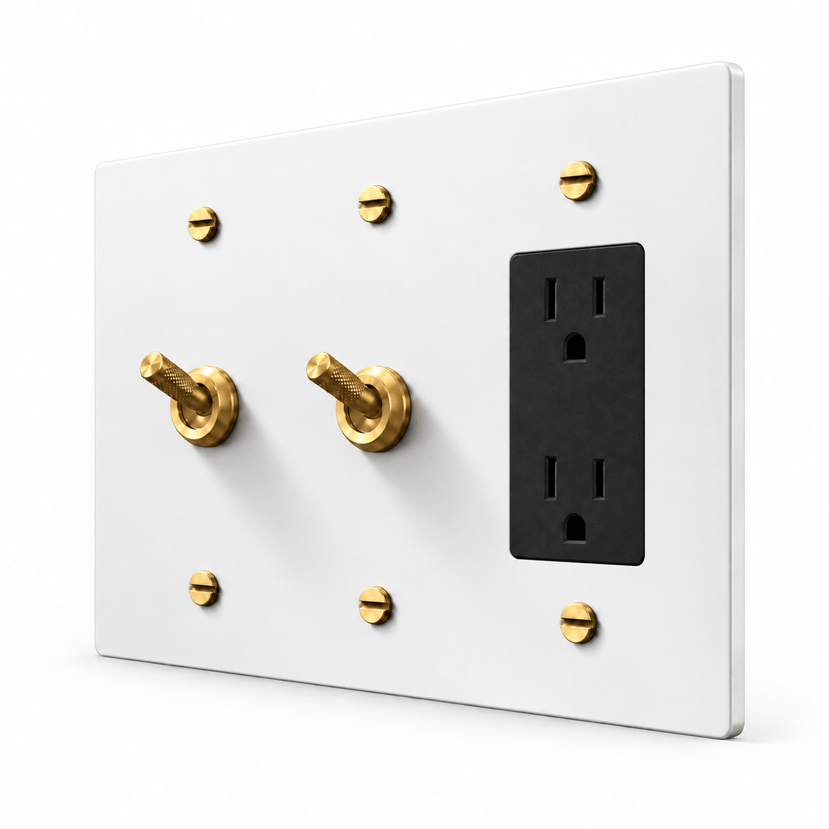 PlatePrestige 3-Gang 2 Knurled Toggle Light Switches & Outlet in White / Brass