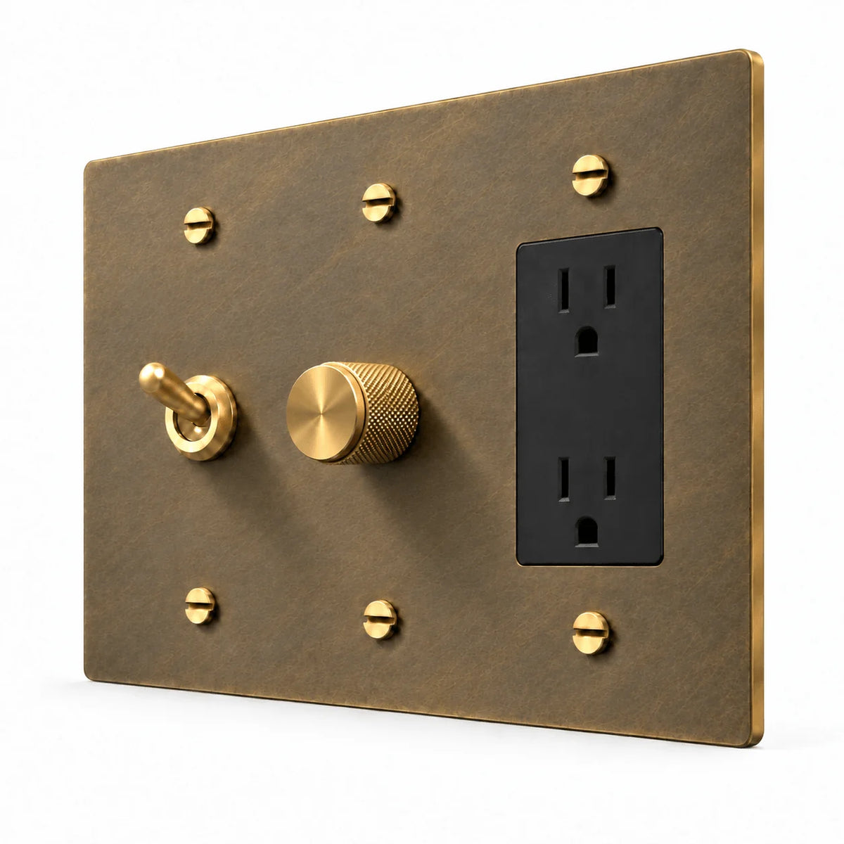 PlatePrestige 3-Gang Retro Toggle, Dimmer & Outlet in Aged Brass
