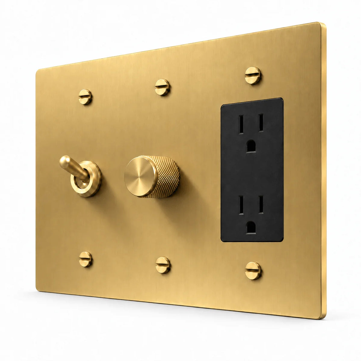 PlatePrestige 3-Gang Retro Toggle, Dimmer & Outlet in Brass