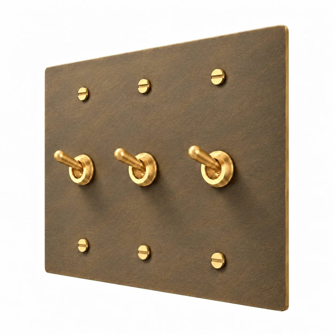 3 gang retro toggle switch with aged brass switch plate