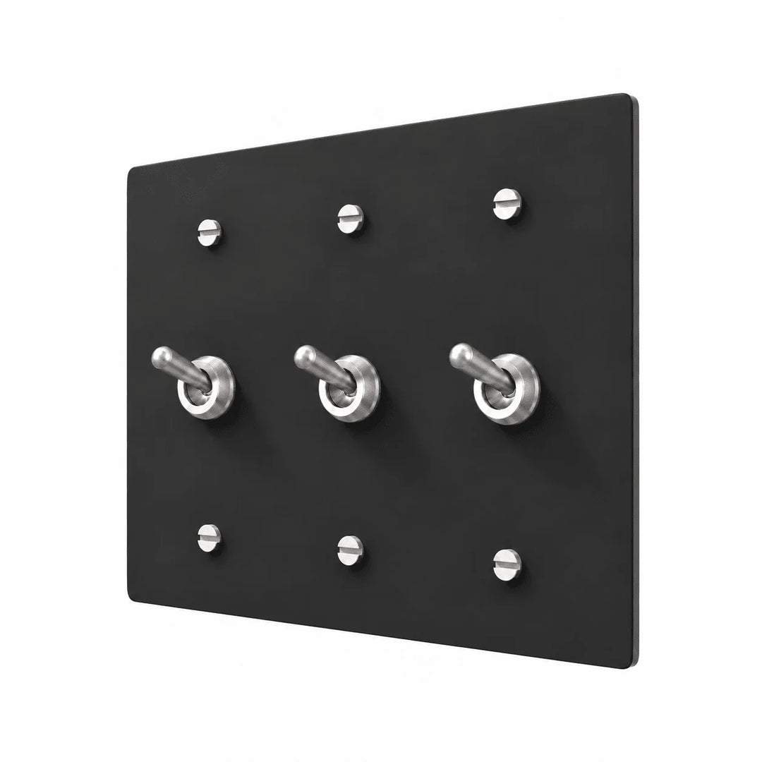 Matte black 3 gang retro toggle switch with silver rounded toggle hardware