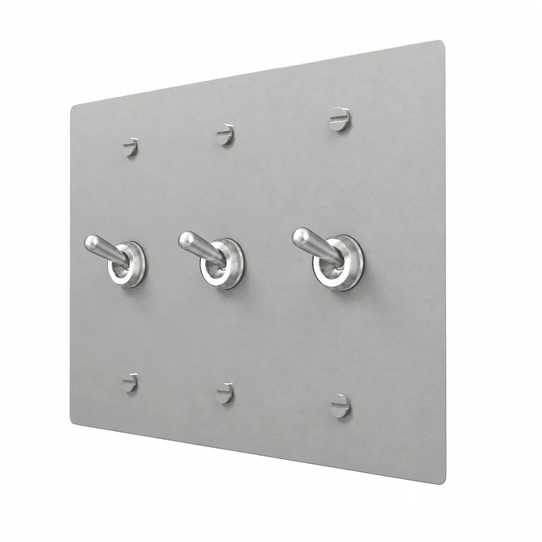 Stainless steel PlatePrestige Retro Toggle Switch 3-Gang with realistic rounded silver toggles