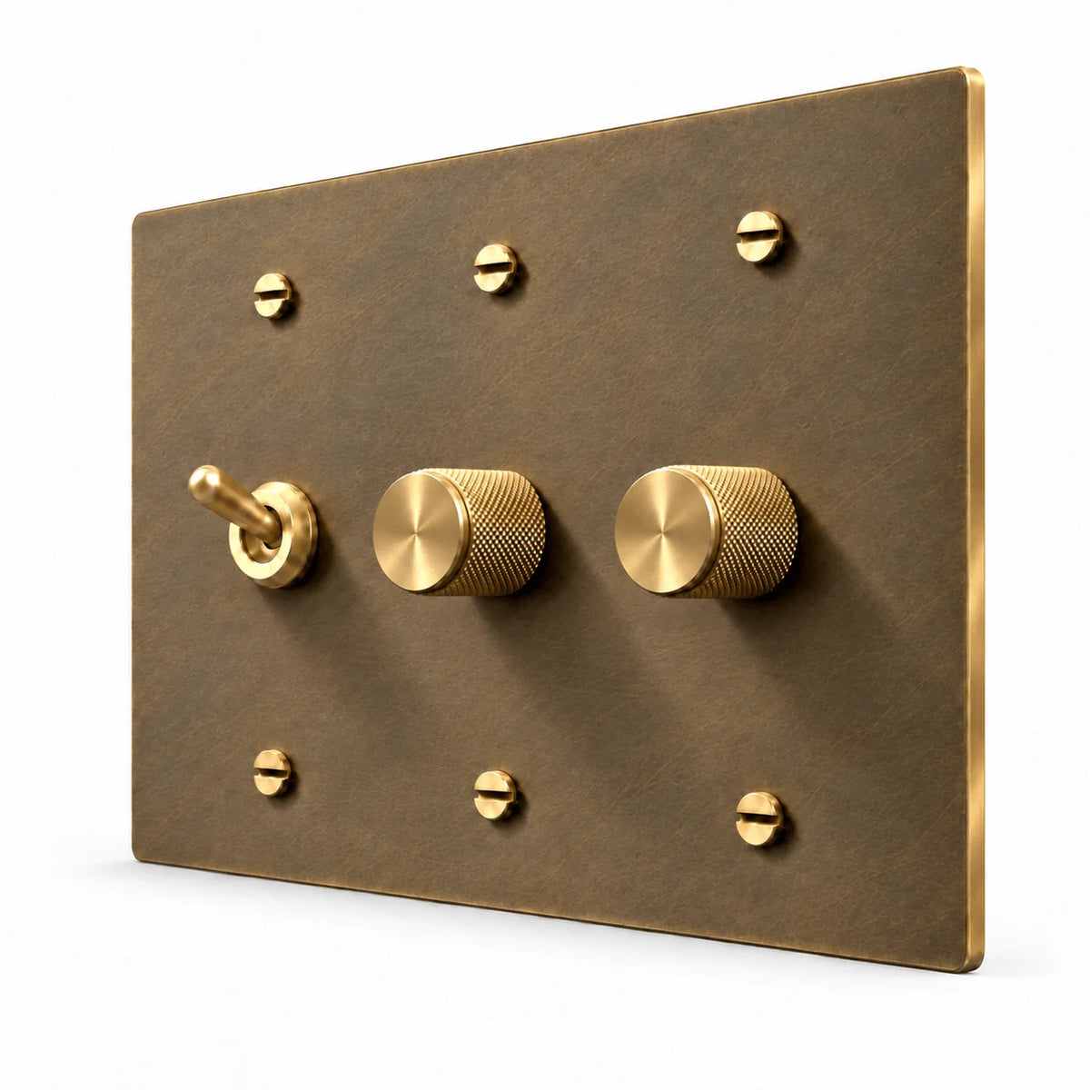 PlatePrestige 3-Gang Retro Toggle Light Switch & 2 Dimmers in Aged Brass