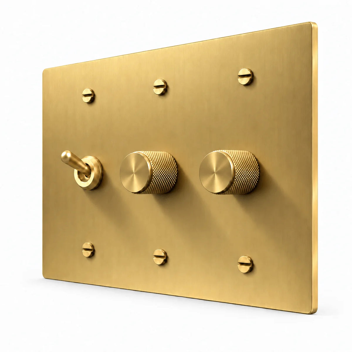 PlatePrestige 3-Gang Retro Toggle Light Switch & 2 Dimmers in Brass
