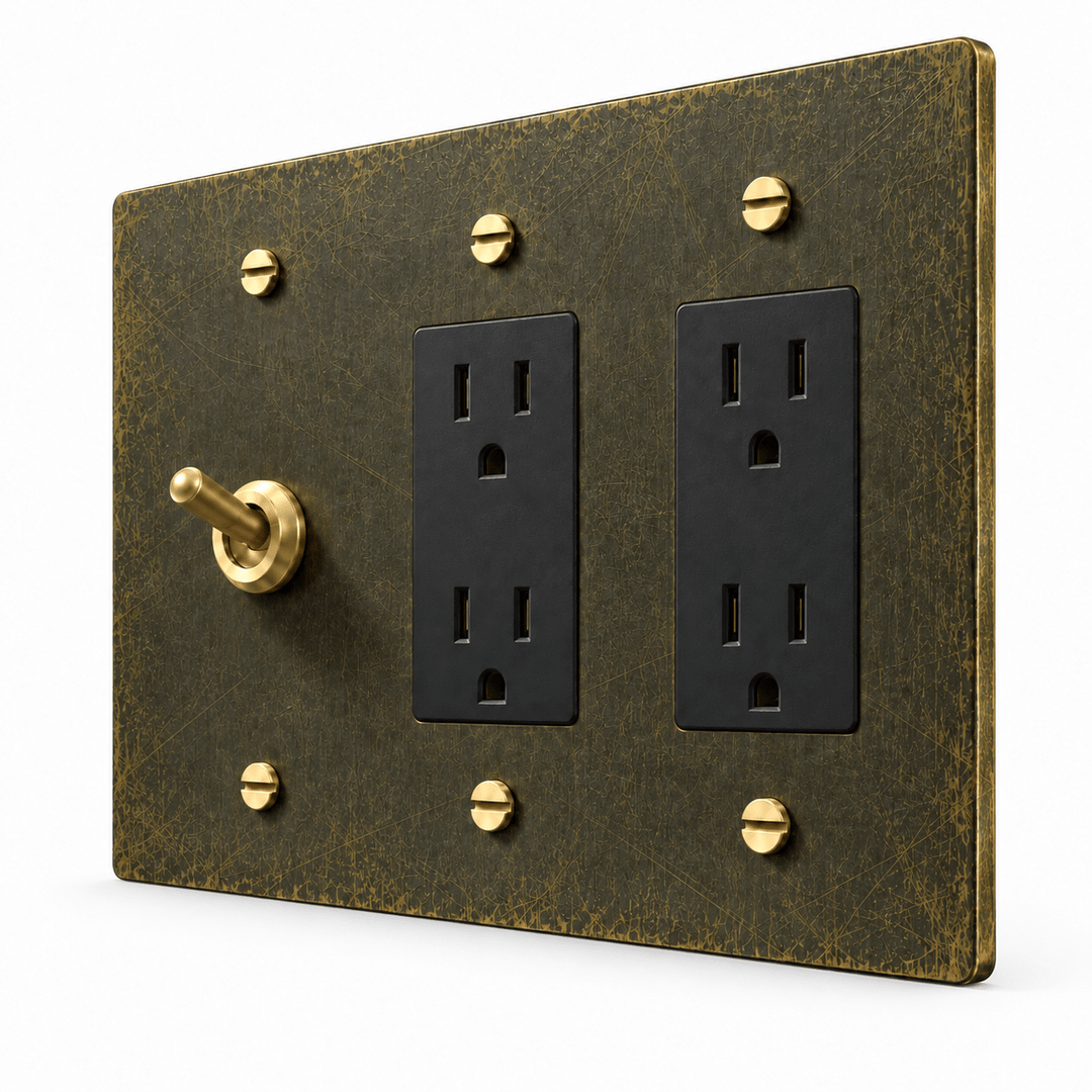 PlatePrestige 3-Gang Retro Toggle Light Switch & 2 Outlets in Antique Brass